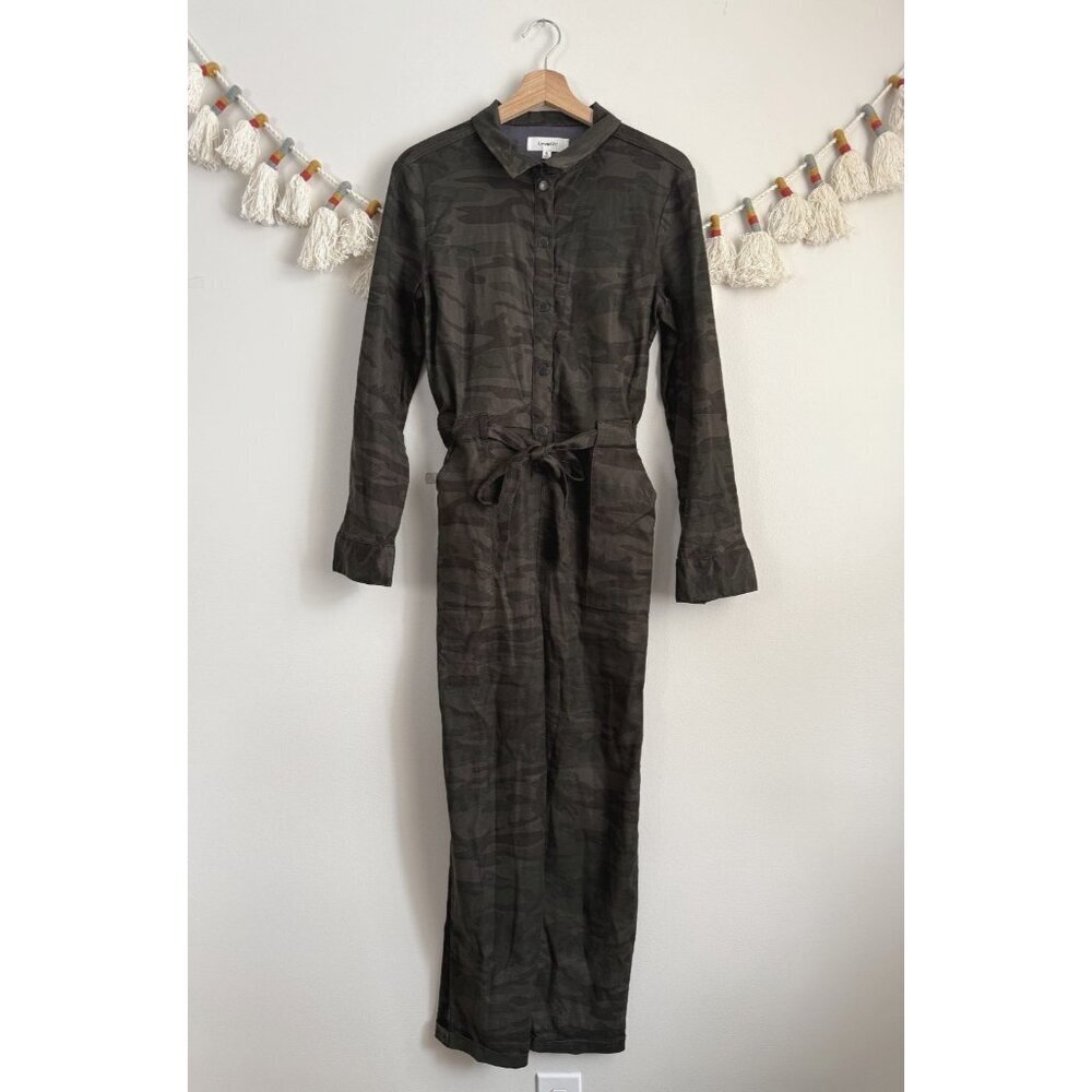 Level 99 Evereve Marlow Flight Linen Blend Camo Belted Straight Leg Jumpsuit S